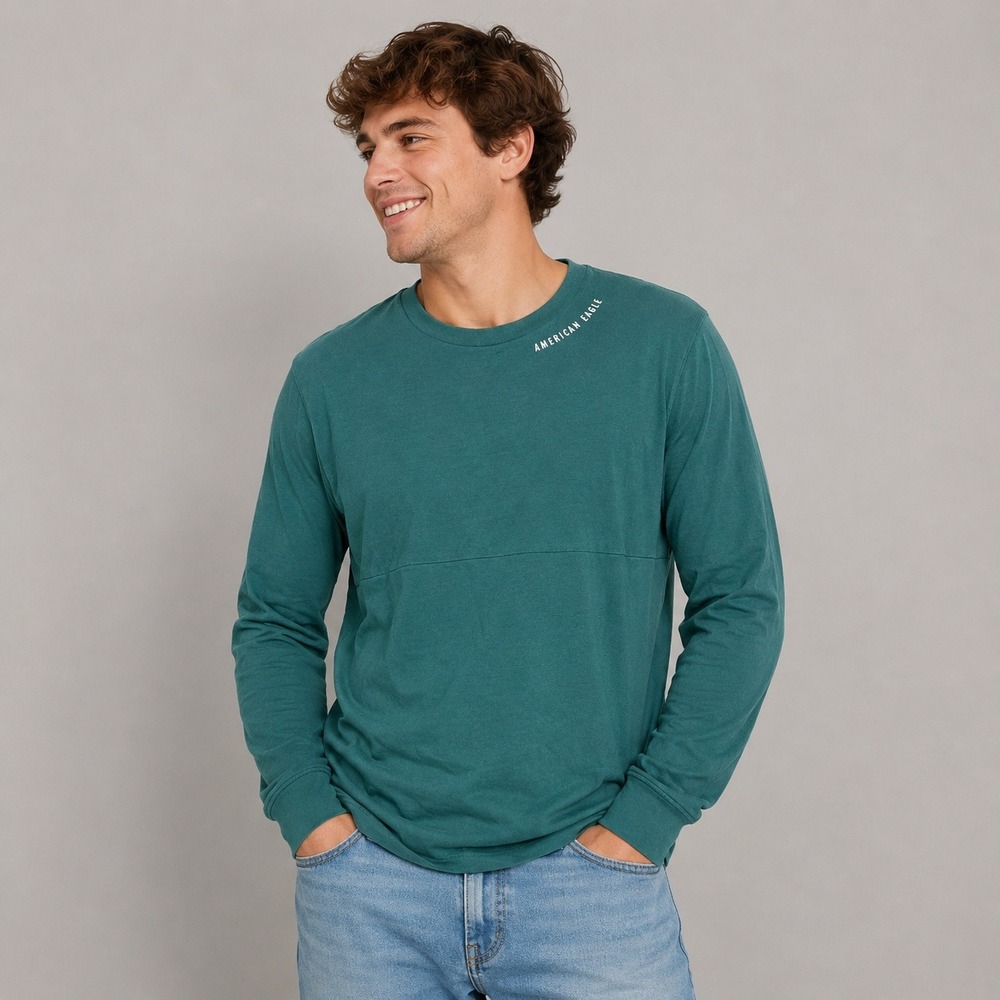 American Eagle Mens Large Long Sleeve T-Shirt Teal Green Cotton Standard Fit